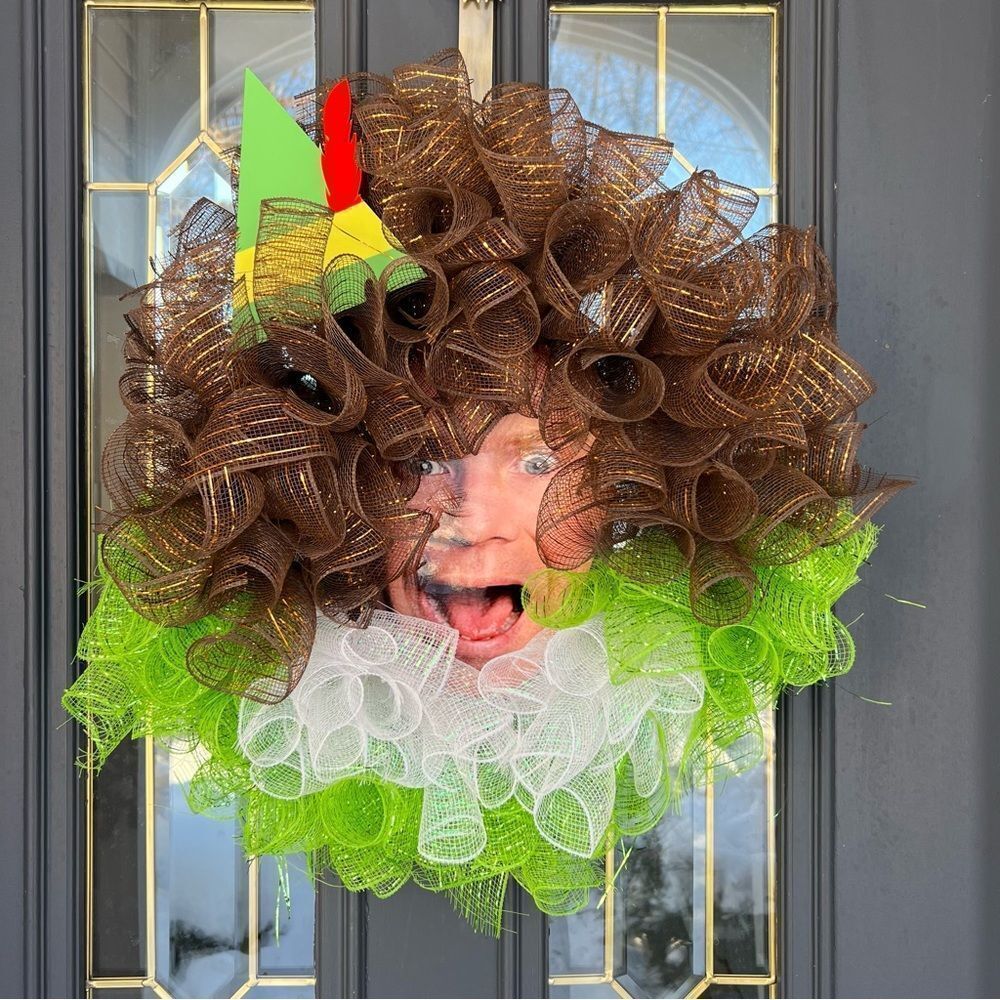 Buddy the Elf Festive Mesh Christmas Door Wreath with Green and Brown Accents